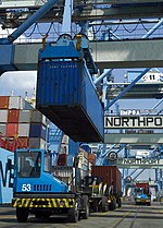 A container being loaded on a prime mover in Northport. Container being loaded on one of the Prime Mover.