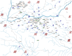 二里头文化遗址分布图，集中于豫西伊洛嵩地与晋南汾河下游二处