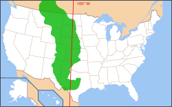 大平原即覆盖了美國中部的大部分、加拿大和墨西哥一部分的绿色區域。图中红線为西經100度。